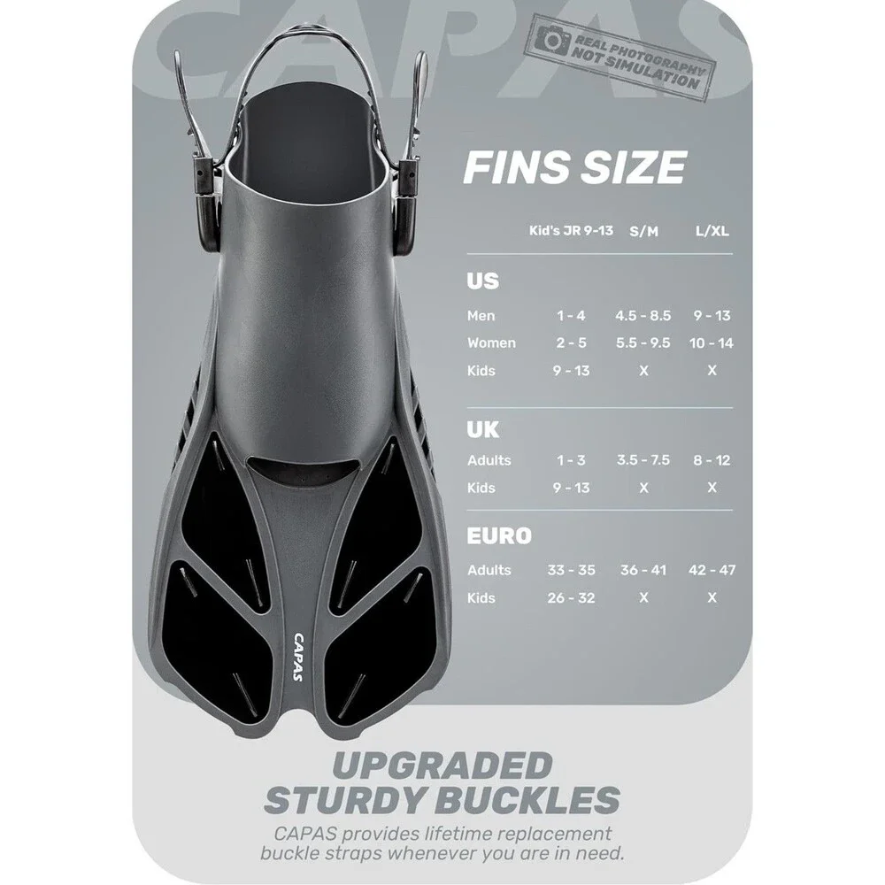 Capas Snorkel Fins Black Adult S/M 4.5-8.5 Swim Diving Flippers Adjustable